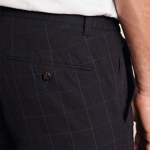 Navy Blue Grid Check Slim Fit Cotton Chino Trousers