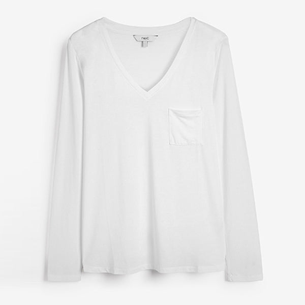 White Premium V-Neck Long Sleeve Top