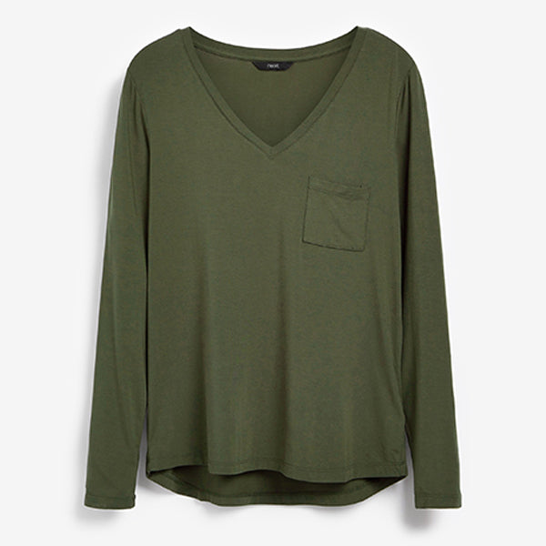 Green Khaki Premium V-Neck Long Sleeve Top