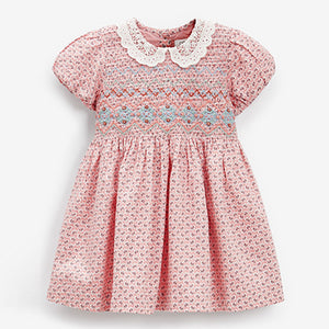 Pink Geo Lace Collar Shirred Cotton Dress (3mths-6yrs)