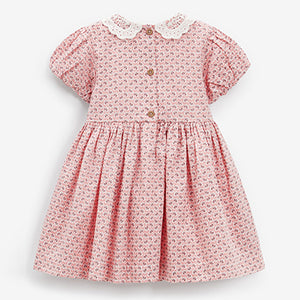 Pink Geo Lace Collar Shirred Cotton Dress (3mths-6yrs)