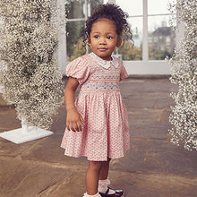 Load image into Gallery viewer, Pink Geo Lace Collar Shirred Cotton Dress (3mths-6yrs)
