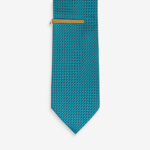 Teal Blue Textured Tie With Tie Clip