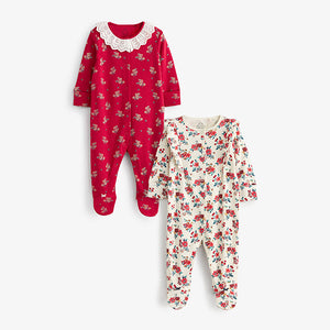 Red/Cream Floral With Collar 2 Pack Sleepsuits (0mth-18mths)
