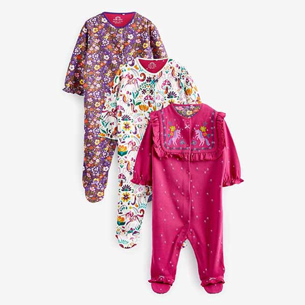 Raspberry Unicorn Baby Embroidered Detail Sleepsuits 3 Pack (0mth-18mths)