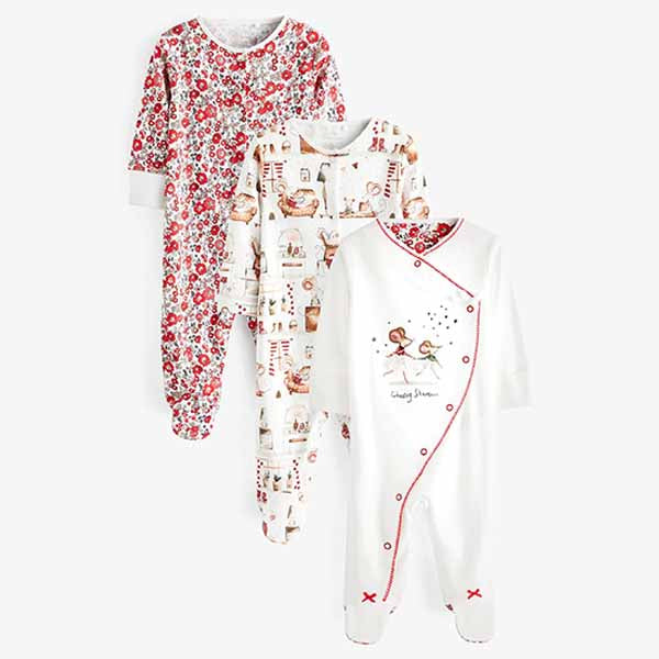 Pretty Mouse / Red Floral Baby Sleepsuits 3 Pack (0-18mths)