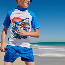 Load image into Gallery viewer, Blue Shark Short Sleeve Sunsafe Rash Vest (3-12yrs)
