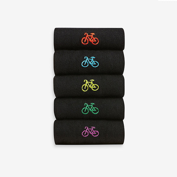Black Bike 5 Pack Embroidered Socks