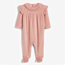 Load image into Gallery viewer, Pink Frill Baby Velour Sleepsuit (first size-18mths)
