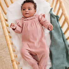 Load image into Gallery viewer, Pink Frill Baby Velour Sleepsuit (first size-18mths)
