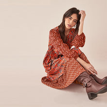 Load image into Gallery viewer, Red Mix Print Long Sleeve V-Neck Dress
