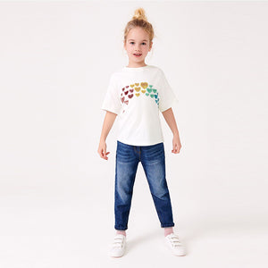 Ecru Cream Rainbow Flippy Sequin Hearts T-Shirt (3-12yrs)