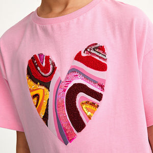 Pink Embroidered Sequin Heart T-Shirt (3-12yrs)