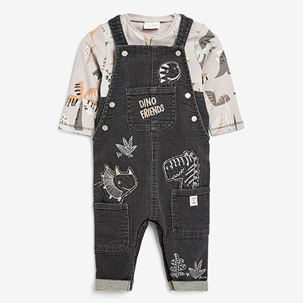 Grey Dino Baby Denim Dungaree And Bodysuit Set (0mths-18mths)