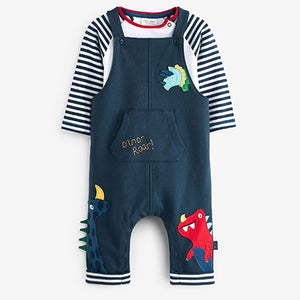 Denim Blue/Red Bright Baby 2 Piece Dungarees And Bodysuit Set (0mths-9mths)