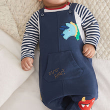 Load image into Gallery viewer, Denim Blue/Red Bright Baby 2 Piece Dungarees And Bodysuit Set (0mths-9mths)
