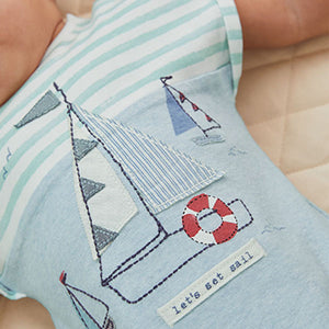 White/Blue Boat Baby 3 Pack Rompers (0mths-18mths)
