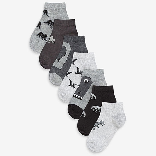 Black/Grey Dinosaur 7 Pack Cotton Rich Trainer Socks (Younger Boys)