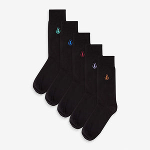 5 Pack Black Stag Wreath Embroidered  Socks