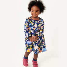 Load image into Gallery viewer, Navy Blue Animal Jersey Dress (3mths-6yrs)
