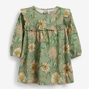 Green Floral Long Sleeve Jersey Frill Dress (3mths-6yrs)