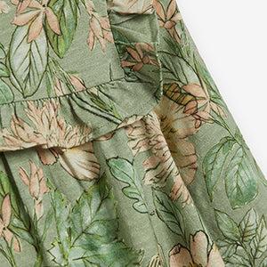 Green Floral Long Sleeve Jersey Frill Dress (3mths-6yrs)