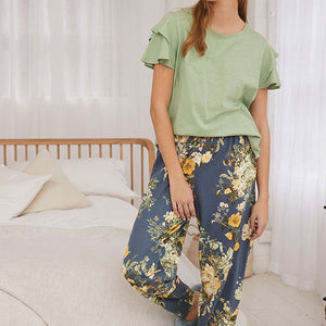 Green /Blue Floral Cotton Frill Sleeve Pyjamas