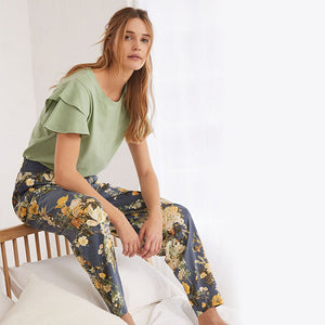 Green /Blue Floral Cotton Frill Sleeve Pyjamas