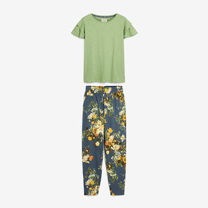 Green /Blue Floral Cotton Frill Sleeve Pyjamas