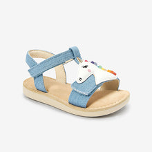 Load image into Gallery viewer, Denim Blue Unicorn Little Luxe™ Sandals (Youger Girls)
