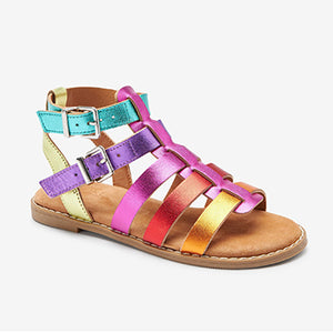 Pink Rainbow Leather Premium Gladiator Sandals (Older Girls)