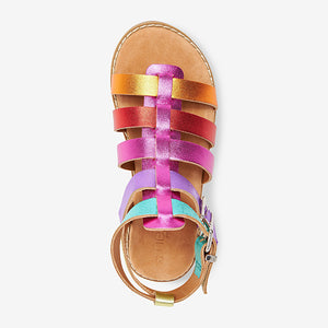 Pink Rainbow Leather Premium Gladiator Sandals (Older Girls)
