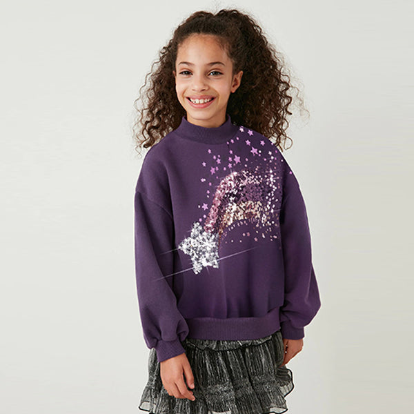 Purple Sequin Star Crew Sweatshirt Top (3-12yrs)