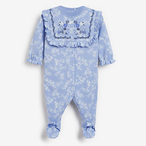 Blue Frill 3 Pack Embroidered Detail Baby Sleepsuits (0-18mths)