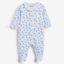 Load image into Gallery viewer, Blue Frill 3 Pack Embroidered Detail Baby Sleepsuits (0-18mths)
