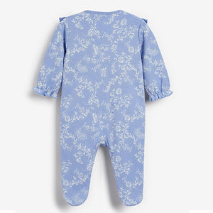 Blue Frill 3 Pack Embroidered Detail Baby Sleepsuits (0-18mths)