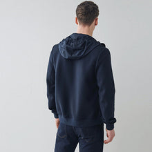 Load image into Gallery viewer, Navy Blue Jersey Sleeve Hybrid Hooded Jacket
