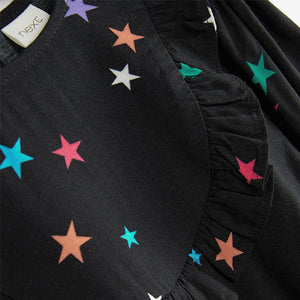 Black Multi Star Print Frill Detail Dress (3-12yrs)