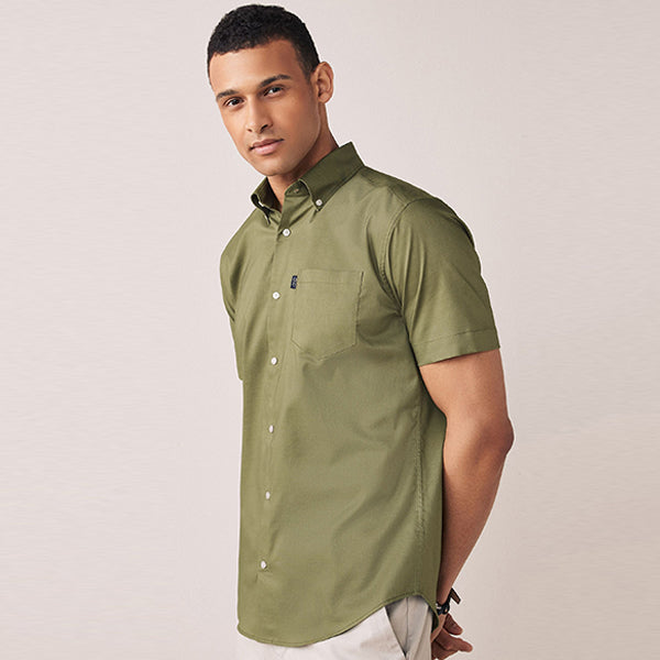 Green Slim Fit Short Sleeve Easy Iron Button Down Oxford Shirt