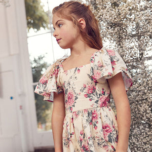 Pink Rose Print Angel Sleeve Dress (3-12yrs)