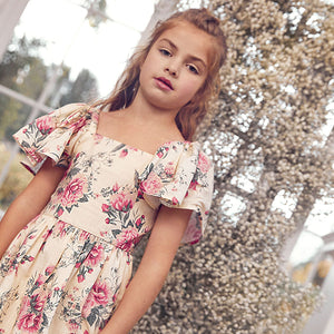 Pink Rose Print Angel Sleeve Dress (3-12yrs)