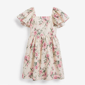 Pink Rose Print Angel Sleeve Dress (3-12yrs)