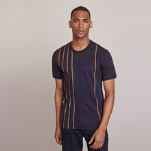 Load image into Gallery viewer, Navy Blue Vertical Tan Stripe T-Shirt
