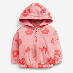 Pink Retro Flower Jersey Zip Through Hoodie (3mths-5yrs)