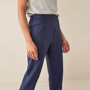 Navy Blue Linen Blend Taper Trousers