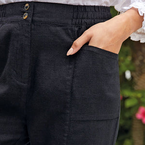 Black Linen Blend Taper Trousers