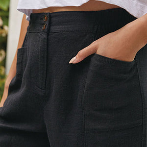 Black Linen Blend Wide Leg Trousers