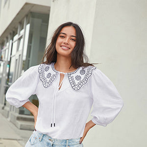 White Linen Blend Embroidered Collar Top