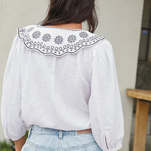 Load image into Gallery viewer, White Linen Blend Embroidered Collar Top
