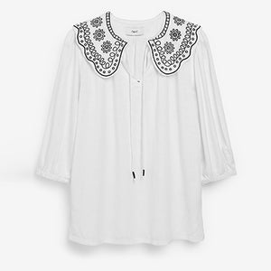 White Linen Blend Embroidered Collar Top